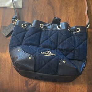 Coach Quilted Denim Drawstring Bucket Bag Navy Blue Leather Gold Tone